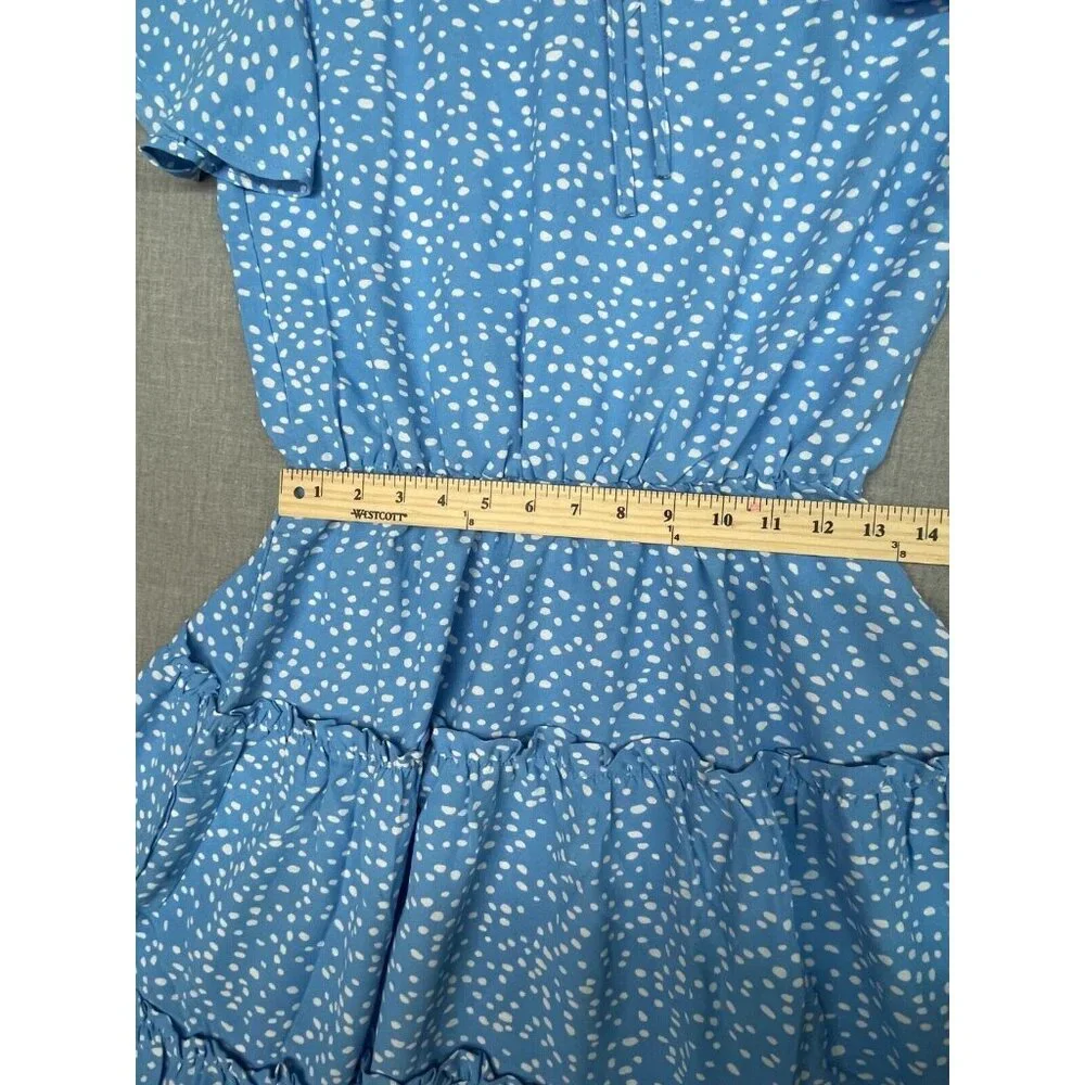 Short Flutter Sleeve Blue Polka Dot Ruffle Skirt Sun Dress Tie Neck, Size Small - Picture 4 of 6